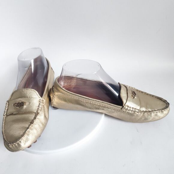 Coach Penny Loafers Size 7 Logo Leather Slip On Flats Napoleon Metallic Gold - Picture 6 of 10